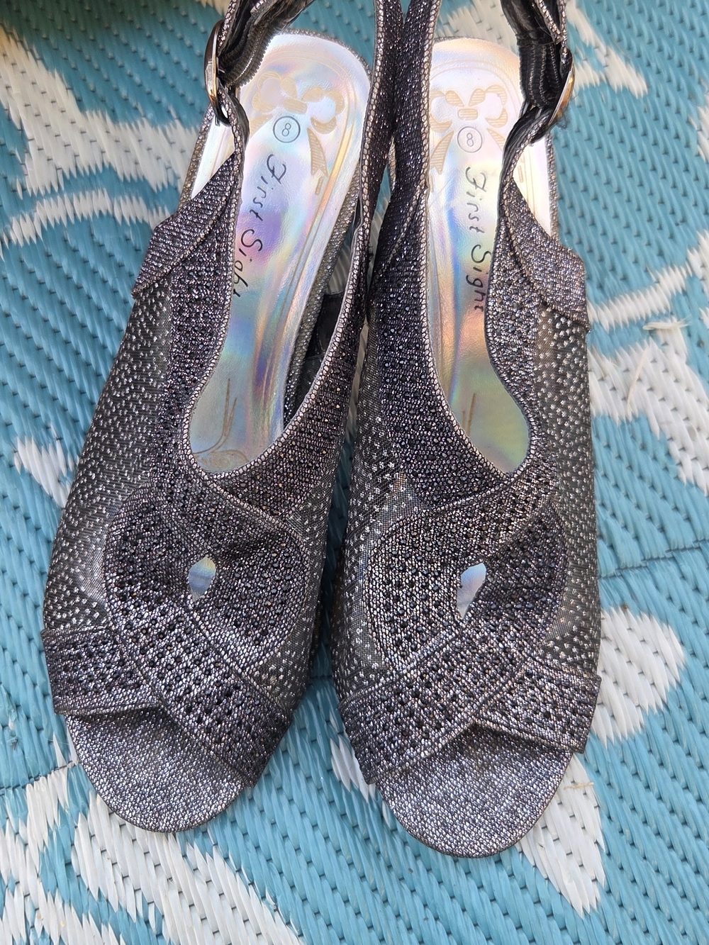 First Sight Women's Metallic Silver Slingback Peep-Toe Heels